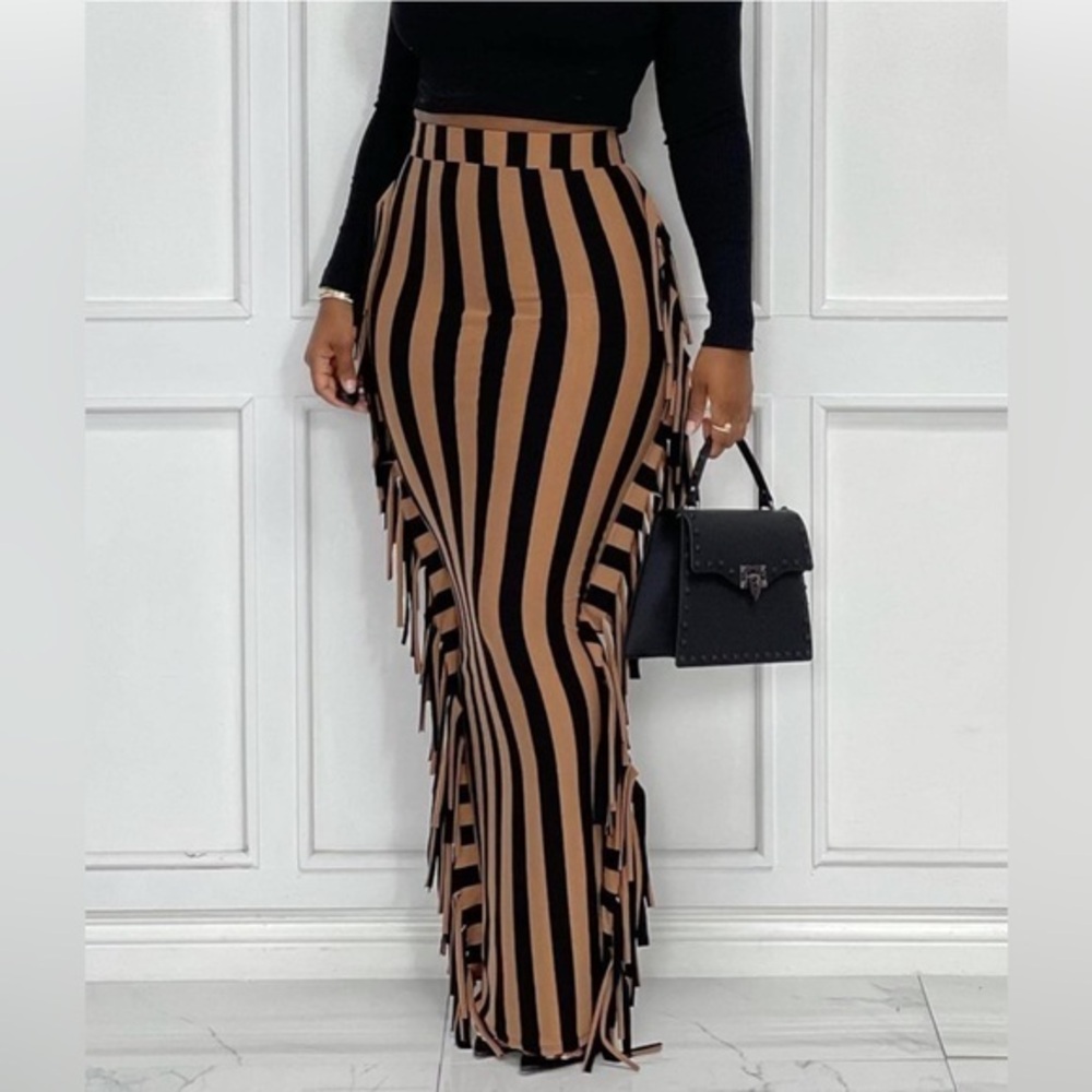Fringe Maxi Pencil High Waist Bodycon Striped Tassel Skirt Black Brown, Small